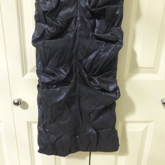 LE CHATEAU navy blue shimmery satin ruched cocktail party midi dress - Picture 9 of 9